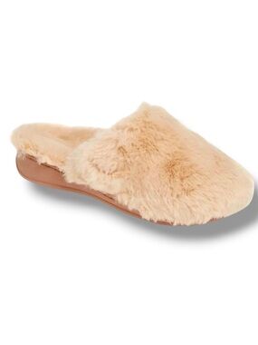 Vionic Gemma Plush Faux Fur Mule Slippers Beige Blush Neutral Open Back 9